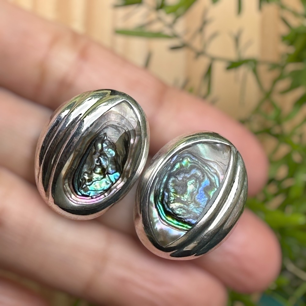 Annika Witt Stud Earrings 1β Inch Abalone Ribbed Mexico 925 Sterling 15.7g